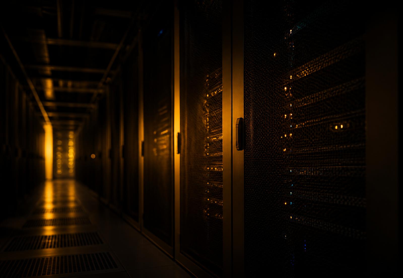Dark data centre corridor lit by warm amber light